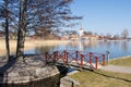 Red bridge and Swedish town Mariefred by lake Malaren, Sweden.