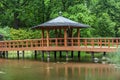 Red bridge with a view pavilion, yumedono bashi, in japanese gar