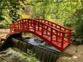 Japanese Red Bridge in North American Garden Royalty Free Stock Photo