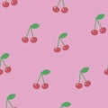 Red bright cherries on a pink background seamless pattern.