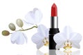 Red bright lipstick with white orchid make up concept