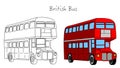 Red British bus. England, London double decker bus . Black white, technic draw sketch and red colored call box. Britain two floor Royalty Free Stock Photo