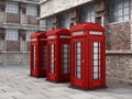 Red British phone booths in the street. 3D illustration Royalty Free Stock Photo