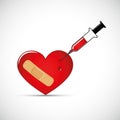 Red broken heart with adhesive plaster and syringe