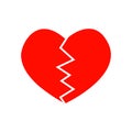 Red broken heart pictogram. Symbol of infarct, heartbreak, divorce, parting isolated on white background. Vector flat