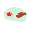 Red broken heart in two different skin type hands, reconciliation concept, doodle style vector