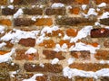 Red brown brick wall covered with snowflakes Royalty Free Stock Photo