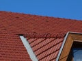 Red brown clay roof ridge tiles and flat sloped tiles. blue sky Royalty Free Stock Photo