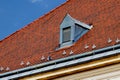 Red and brown clay tile roof. steep slope. Zink dormer vent. pale sky