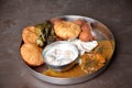 The red brown color bread with vegetable and yoghourt food in the mattel plate Royalty Free Stock Photo