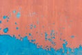 Red-brown peeling paint with old metallic texture blue abstract steel pattern rough worn iron background surface weathered