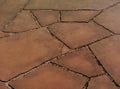 Red brown sand stone paving. smooth flat sandy texture & grit and uneven joints.