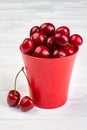 Red bucket full of ripe cherries. Royalty Free Stock Photo