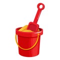 Red bucket with shovel on golden sand, toys isolated on white background. Kid summer game outdoors. Royalty Free Stock Photo