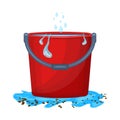 Red bucket with water isolated on white background. Plastic bucket filled water standing in puddle.