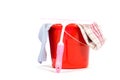 Red bucket with windows cleaning tools Royalty Free Stock Photo