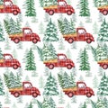 Red buffalo plaid truck with Christmas tree seamless pattern. Watercolor hand painted print. Holiday wallpaper Royalty Free Stock Photo