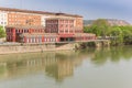 Red building at the Ebro river in Logrono Royalty Free Stock Photo