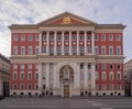 Red building of the Moscow Government on Tverskaya Street .
