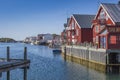 Red buildings near water