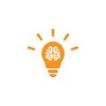 Red bulb with brain and rays flat icon. Isolated on white. New business idea