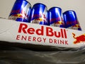 Red Bull Energy Drink Cans in a Tray on a Shelf