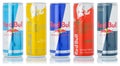 Red Bull Energy Drinks products lemonade soft drink in a row cans isolated on a white background Royalty Free Stock Photo