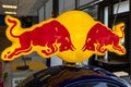 red Bull logo brand and sign Energy Drink on display fridge bar restaurant