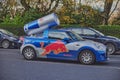 Red Bull mini Cooper publicity car with a can of Red Bull drinks behind in Edinburgh, Scotland