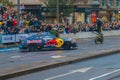 Driver doing stunt on the motorbike with drifting red bull bmw Royalty Free Stock Photo