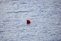 Red buoy floats in the middle of the river during the day in summer.