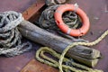 Red buoy life safety ring on pontoon and safety rope Royalty Free Stock Photo