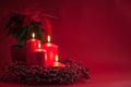 Red burning Advent Christmas candles with the berries wreath and poinsettia on a red background