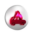 Red Burning car icon isolated on transparent background. Car on fire. Broken auto covered with fire and smoke. Silver