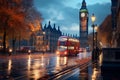 Red Bus in City Street with Clock Tower Big Ben Background in London at Night Royalty Free Stock Photo