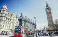 Red bus in Lodon street view with Big Ben, panorama Royalty Free Stock Photo