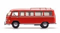 Red bus parked on white background. The bus has large window and appears to be an old-fashioned model with vintage