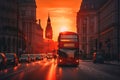 Red bus on road in London near Big Ben Clock Tower. Road traffic in London city.