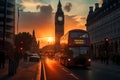 Red bus on road in London near Big Ben Clock Tower. Road traffic in London city.