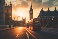 Red bus on road in London near Big Ben Clock Tower. Road traffic in London city