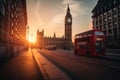 Red bus on road in London near Big Ben Clock Tower. Road traffic in London city Royalty Free Stock Photo