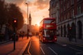 Red bus on road in London near Big Ben Clock Tower. Road traffic in London city.