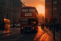 Red bus on road in London near Big Ben Clock Tower. Road traffic in London city.