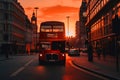 Red bus on road in London near Big Ben Clock Tower. Road traffic in London city.