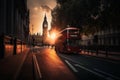 Red bus on road in London near Big Ben Clock Tower. Road traffic in London city. Royalty Free Stock Photo