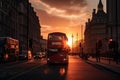 Red bus on road in London near Big Ben Clock Tower. Road traffic in London city.