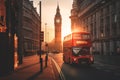 Red bus on road in London near Big Ben Clock Tower. Road traffic in London city. Royalty Free Stock Photo