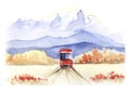 The red bus travels through the blooming autumn fields against the backdrop of high chains of purple mountains. Hand drawn