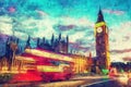 Red bus on Westminster bridge next to Big Ben in London, the UK at night Royalty Free Stock Photo