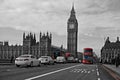 Red buses in black and white photo